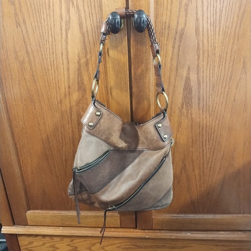 Fifty-Four Fossil Handbag Patchwork Brown Suede Leather Shoulder Bag